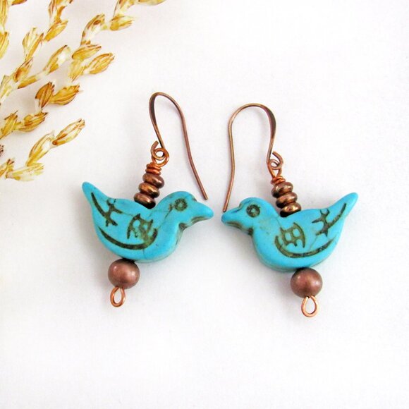 Handmade Blue Bird Earrings with Turquoise Magnesite and Copper Beads - Picture 1 of 4